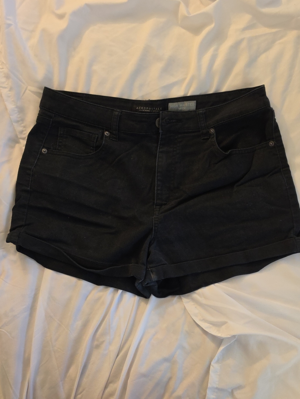 Aeropostale Blackhigh Waisted Midi Rolled-Hem Women's Denim Shorts, 14